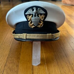 VINTAGE MILITARY CAPTAINS HAT BLACK WHITE AND GOLD